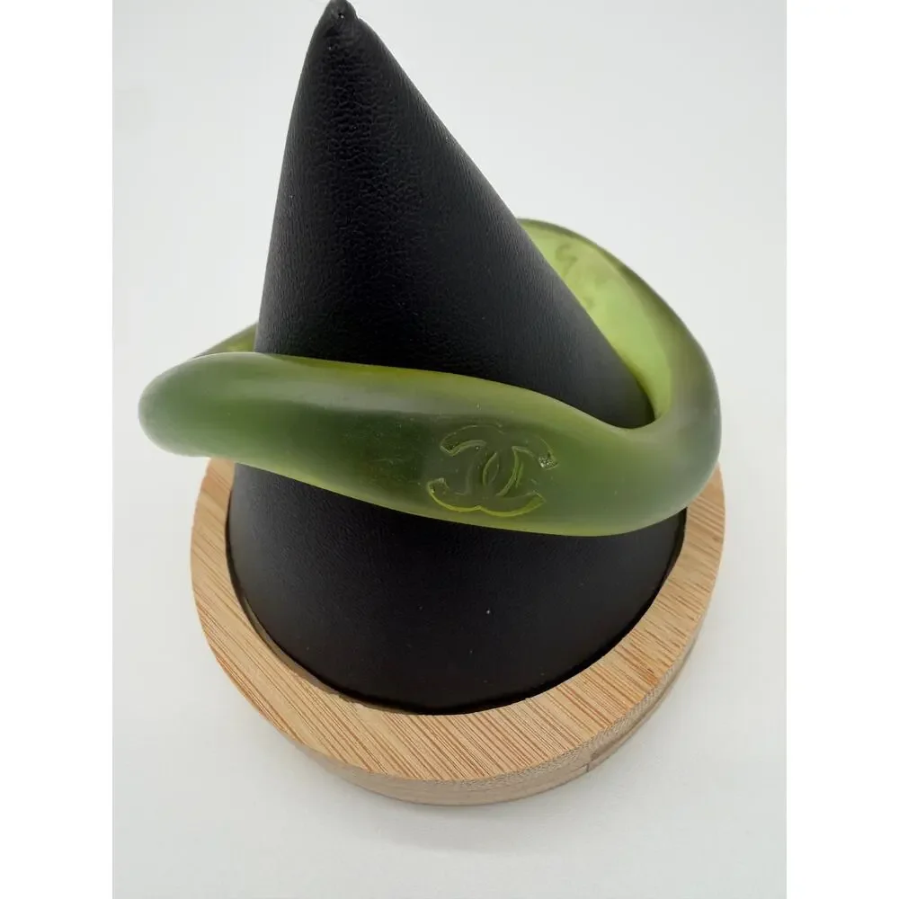 CHANEL Vintage Olive Green Resin Sculptural Bangle Bracelet CC Logo with Box